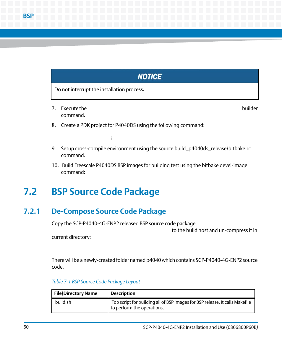 2 bsp source code package, 1 de-compose source code package, Table 7-1 | Bsp source code package layout | Artesyn SCP-P4040-4G-ENP2 Installation and Use (August 2014) User Manual | Page 60 / 74