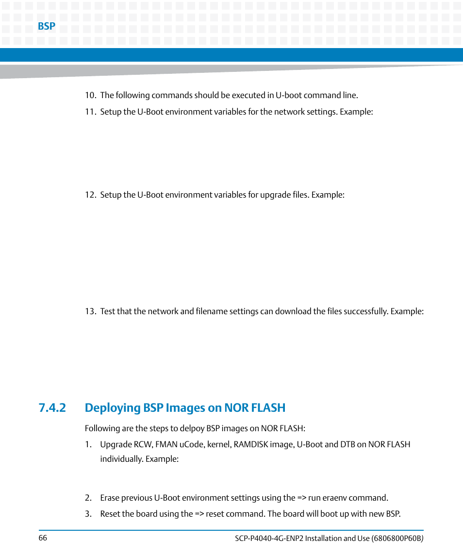 2 deploying bsp images on nor flash | Artesyn SCP-P4040-4G-ENP2 Installation and Use (August 2014) User Manual | Page 66 / 74