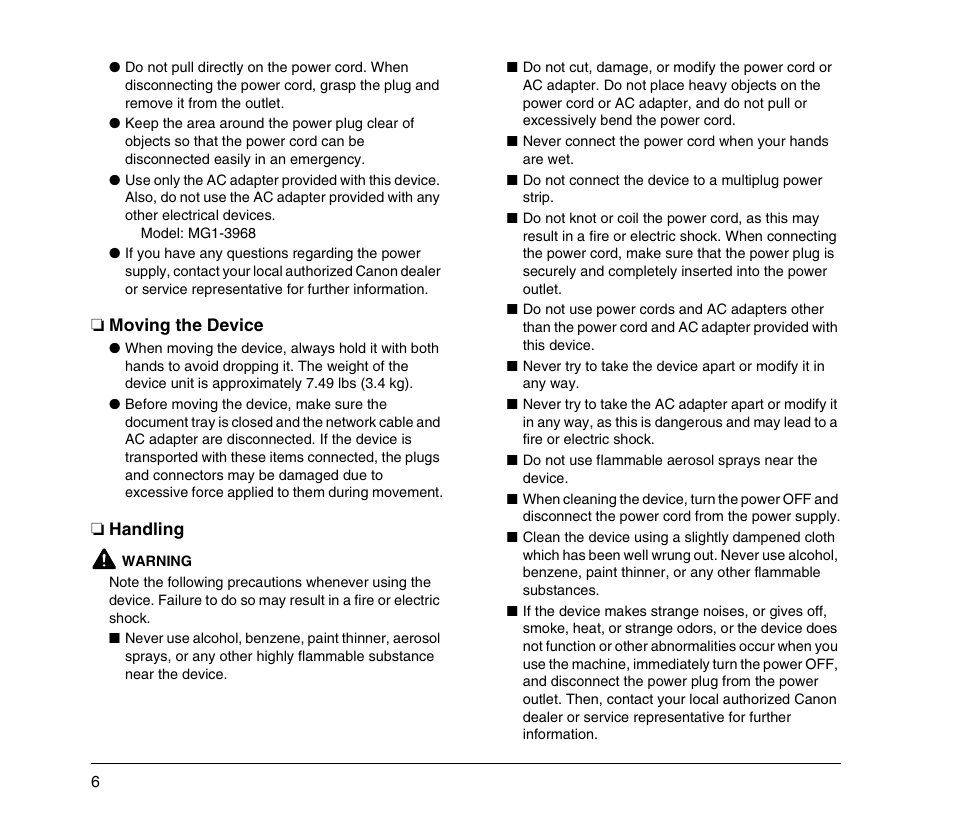 Moving the device, Handling, Moving the device handling | Canon 220EP User Manual | Page 10 / 44