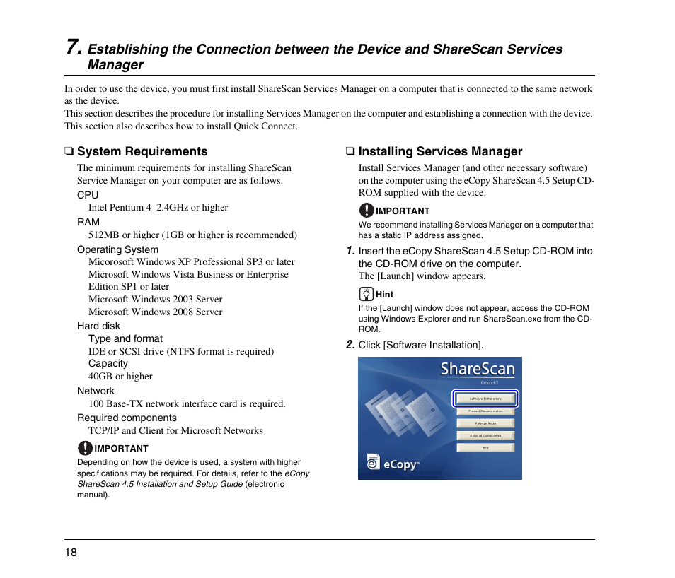 System requirements, Installing services manager, Establishing the connection between the | Device and sharescan services manager, System requirements installing services manager | Canon 220EP User Manual | Page 22 / 44