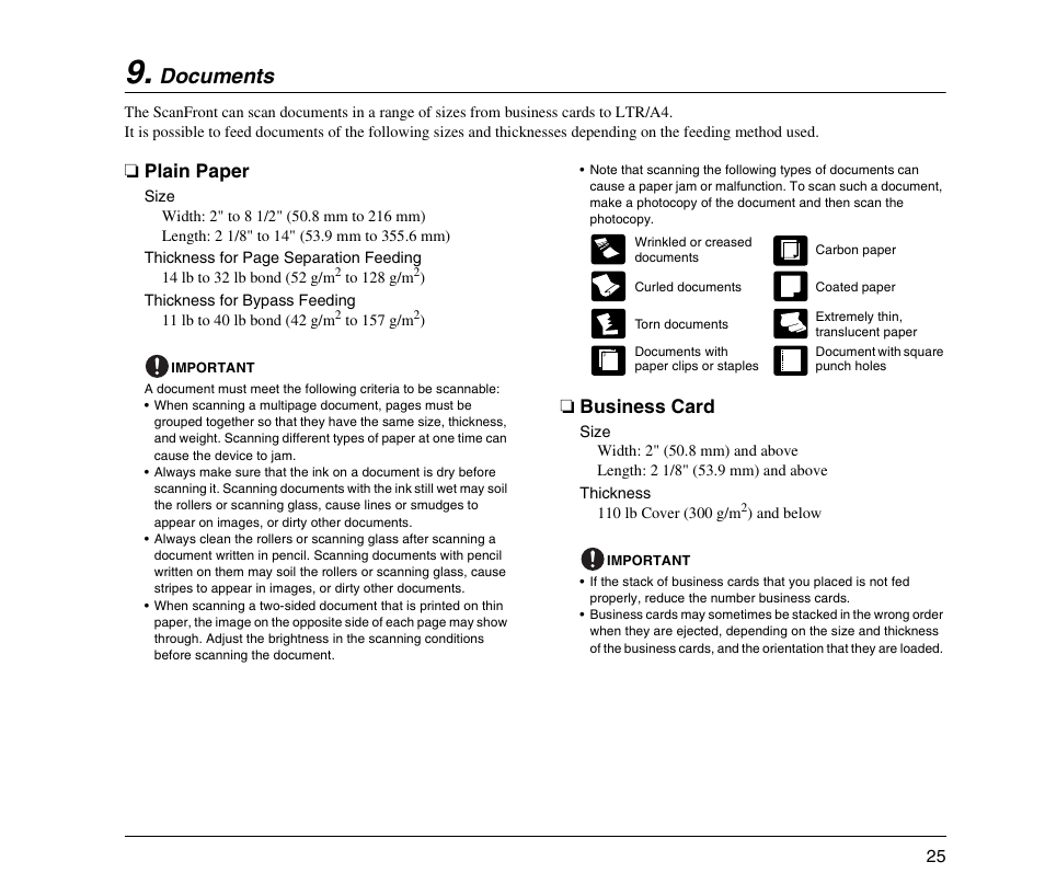 Documents, Plain paper, Business card | Plain paper business card, Documents (see p. 25) | Canon 220EP User Manual | Page 29 / 44