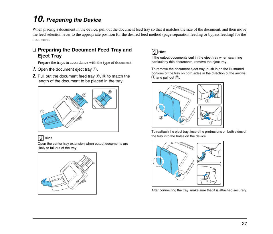 Preparing the device, Preparing the document feed tray and eject tray, Preparing the device (see p. 27) | Canon 220EP User Manual | Page 31 / 44