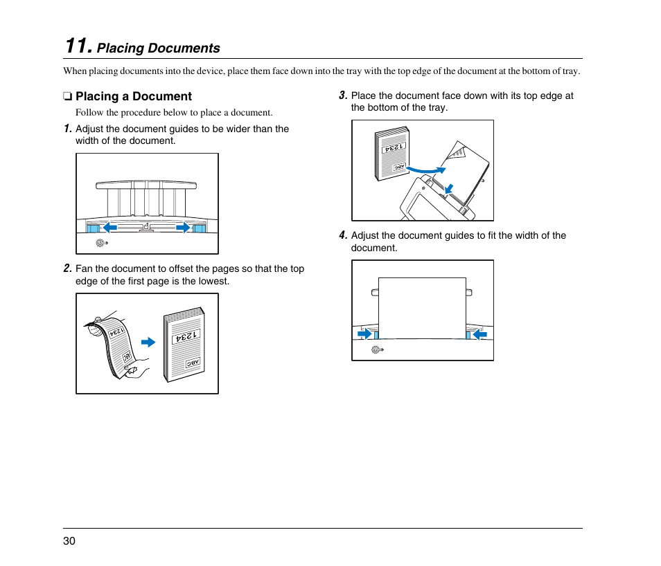 Placing documents, Placing a document, Placing documents (see p. 30) | Canon 220EP User Manual | Page 34 / 44