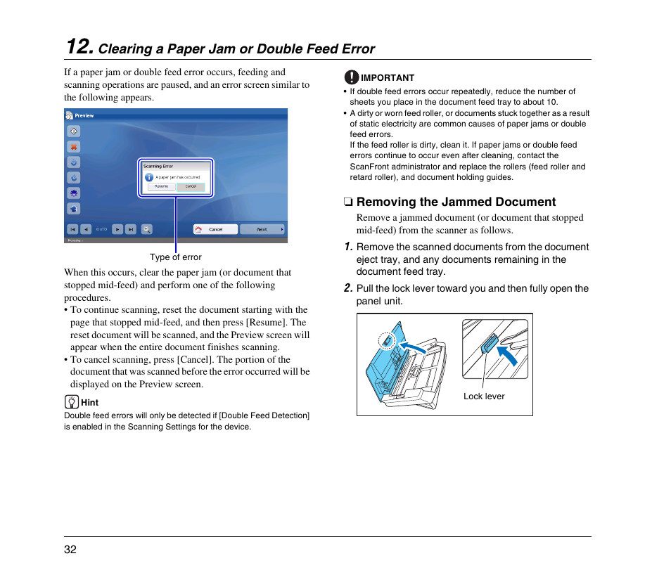 Clearing a paper jam or double feed error, Removing the jammed document, See p. 32) | Canon 220EP User Manual | Page 36 / 44