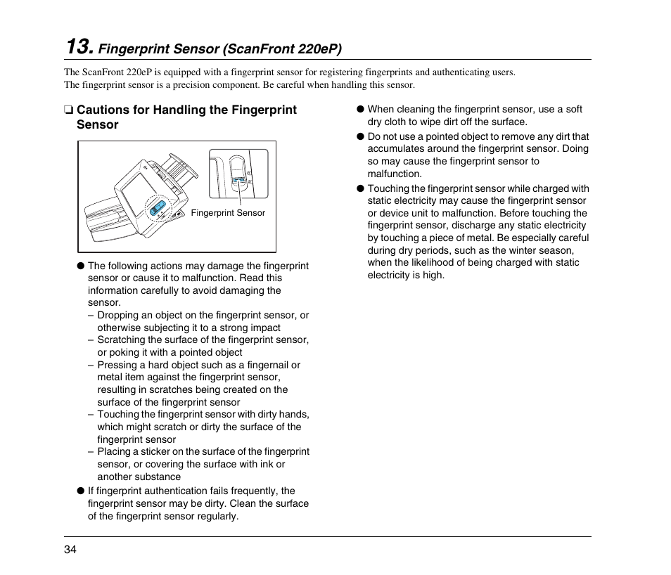 Fingerprint sensor (scanfront 220ep), Cautions for handling the fingerprint sensor, Fingerprint sensor (scanfront 220ep) (see | P. 34) | Canon 220EP User Manual | Page 38 / 44