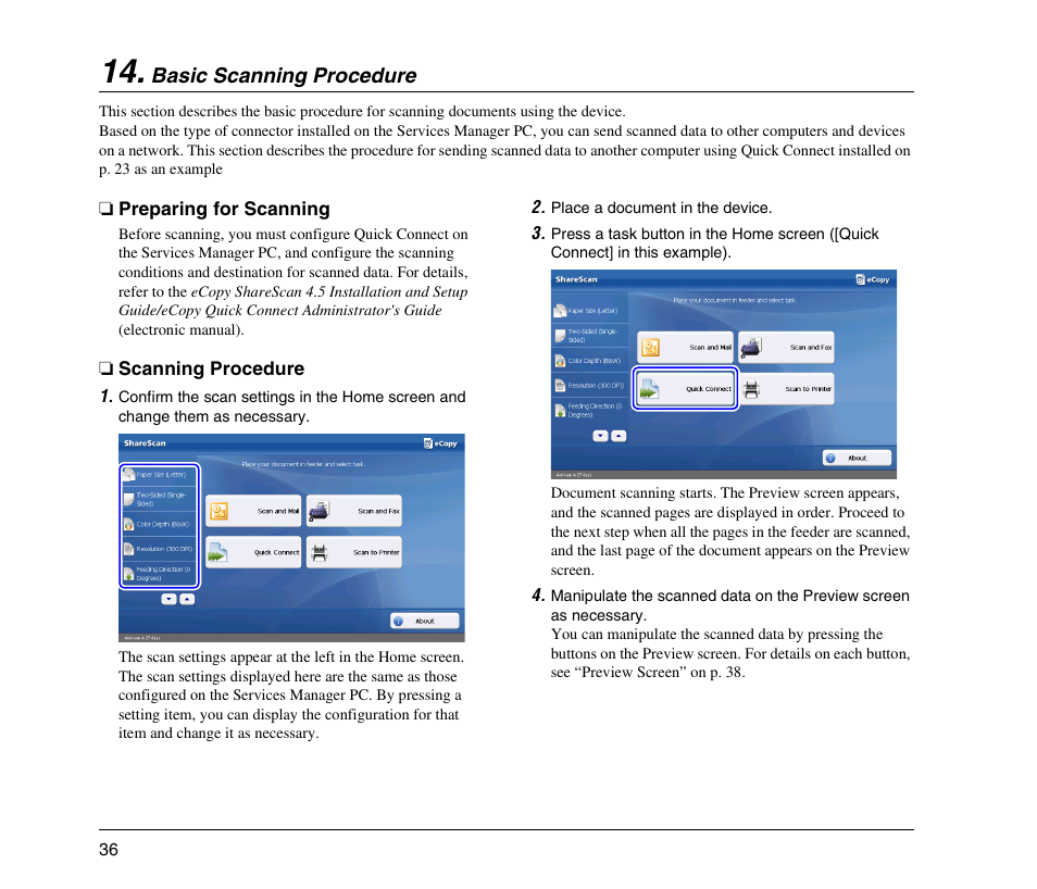 Basic scanning procedure, Preparing for scanning, Scanning procedure | Preparing for scanning scanning procedure, Basic scanning procedure (see p. 36) | Canon 220EP User Manual | Page 40 / 44