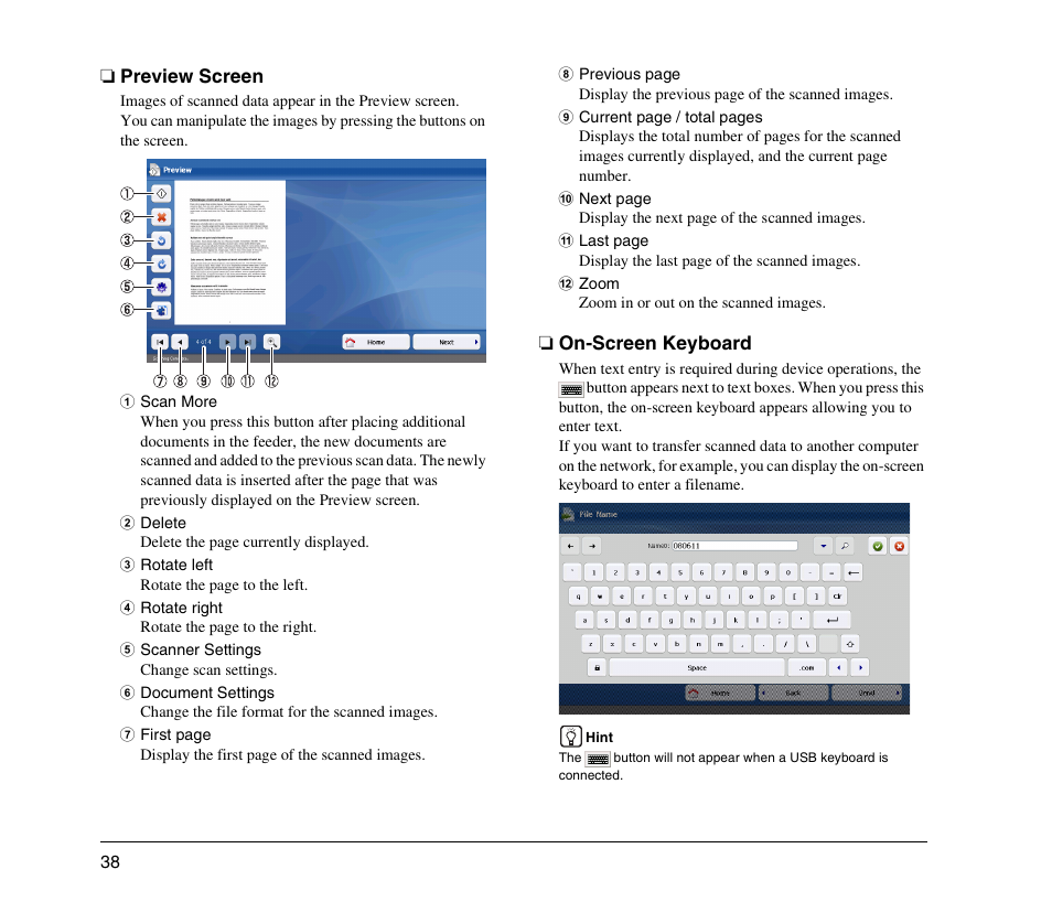 Preview screen, On-screen keyboard, Preview screen on-screen keyboard | Canon 220EP User Manual | Page 42 / 44