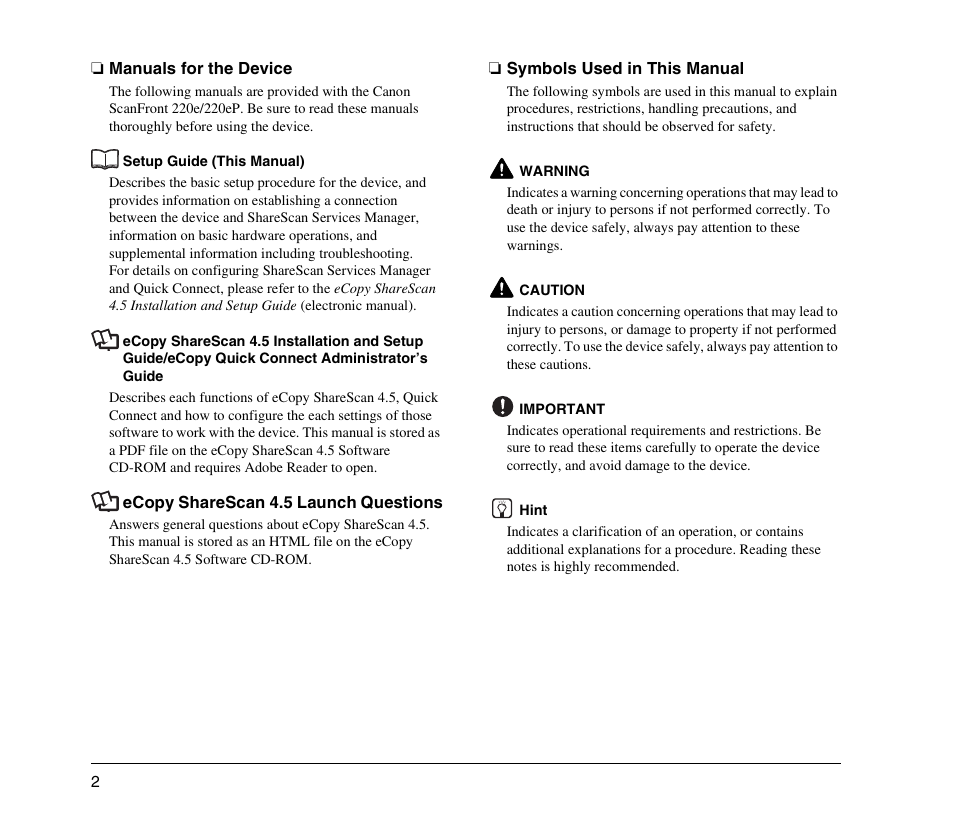 Manuals for the device, Symbols used in this manual | Canon 220EP User Manual | Page 6 / 44