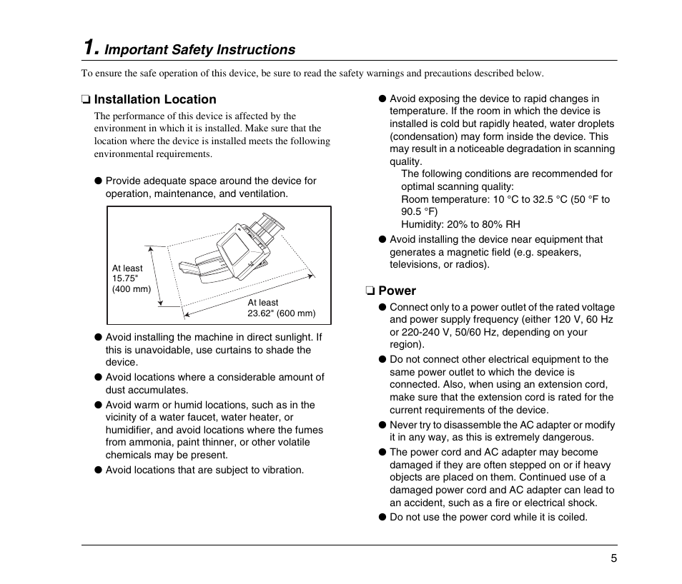 Important safety instructions, Installation location, Power | Installation location power, Important safety instructions (see p. 5) | Canon 220EP User Manual | Page 9 / 44