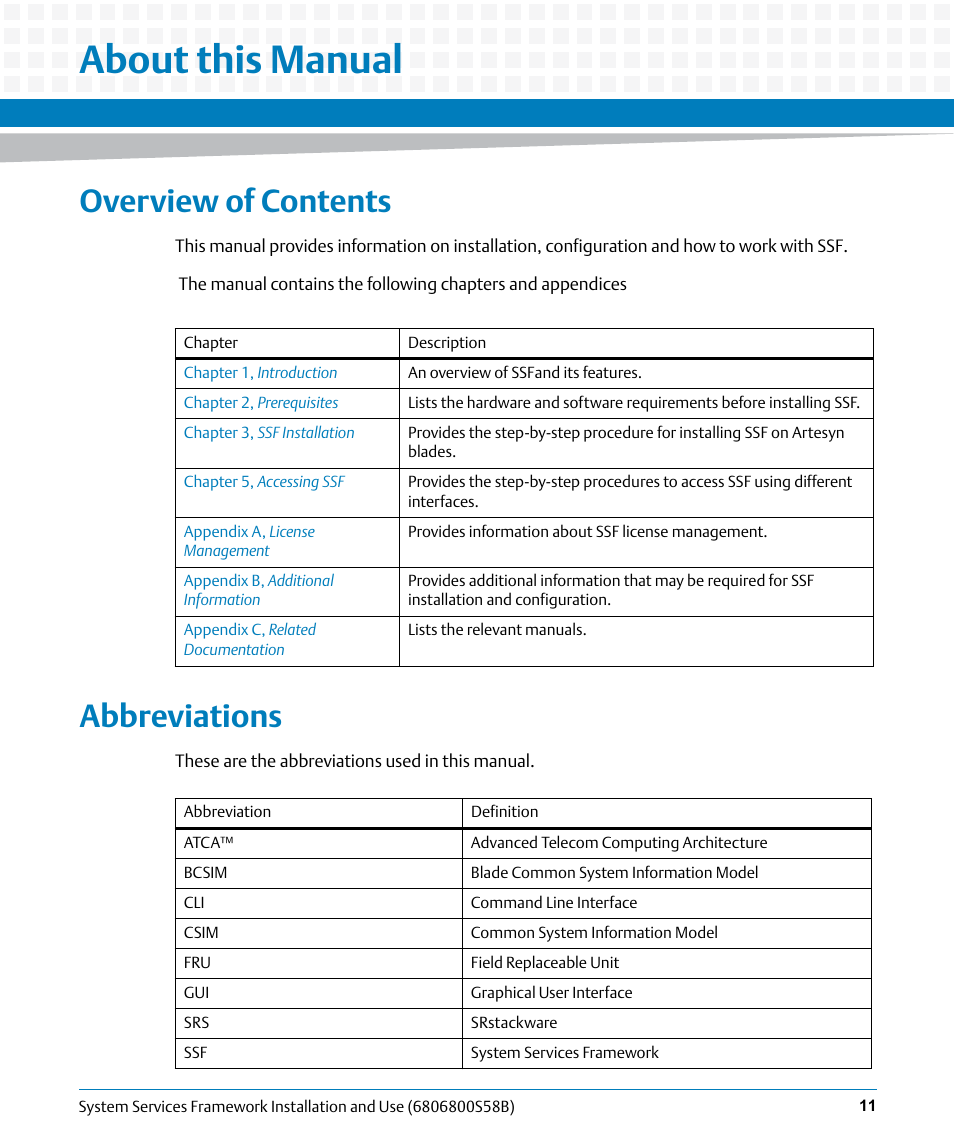 About this manual, Overview of contents, Abbreviations | Artesyn System Services Framework Installation and Use (February 2014) User Manual | Page 11 / 88