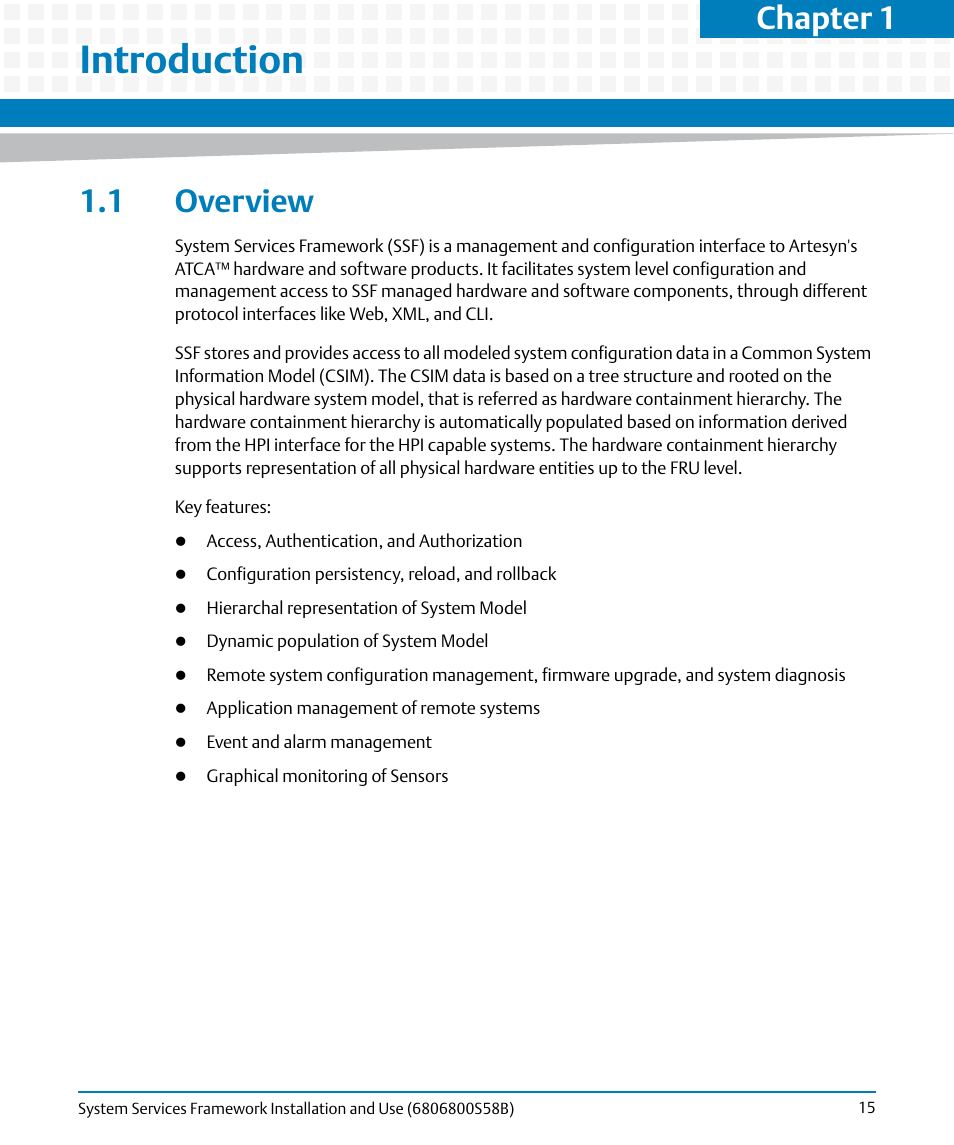 Introduction, 1 overview, Chapter 1, introduction | Chapter 1 | Artesyn System Services Framework Installation and Use (February 2014) User Manual | Page 15 / 88