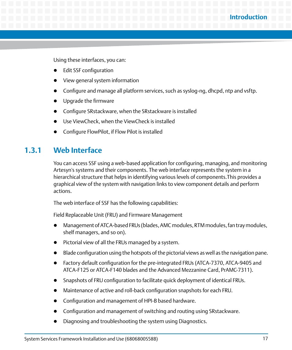 1 web interface, Introduction | Artesyn System Services Framework Installation and Use (February 2014) User Manual | Page 17 / 88