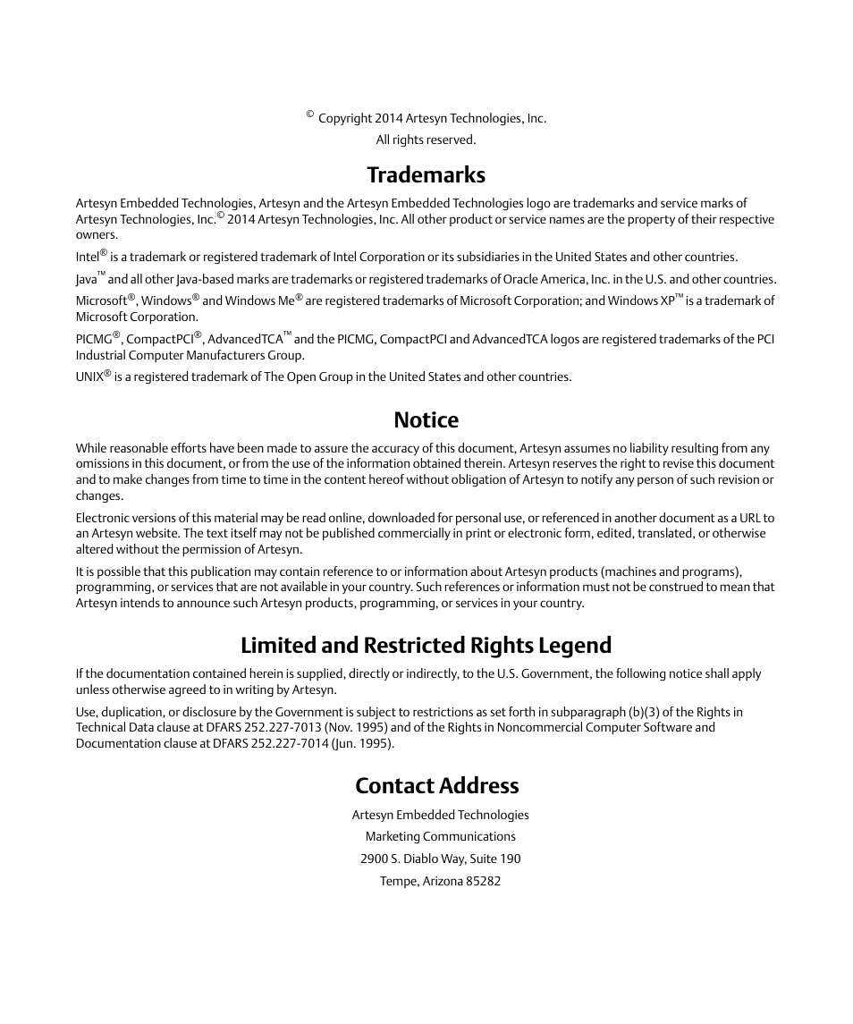 Trademarks, Notice, Limited and restricted rights legend | Contact address | Artesyn System Services Framework Installation and Use (February 2014) User Manual | Page 2 / 88