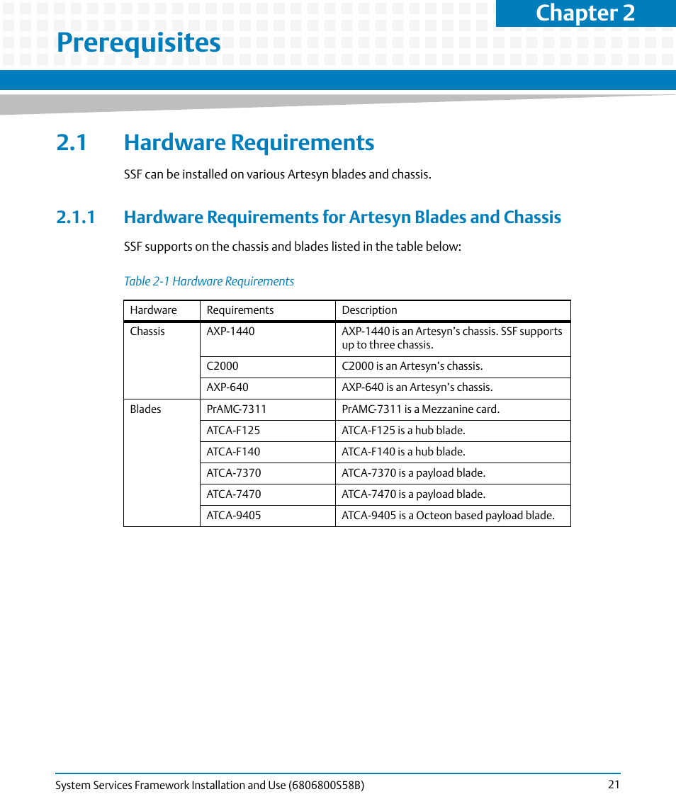 Prerequisites, 1 hardware requirements, Table 2-1 | Hardware requirements, Chapter 2, prerequisites, Chapter 2 | Artesyn System Services Framework Installation and Use (February 2014) User Manual | Page 21 / 88