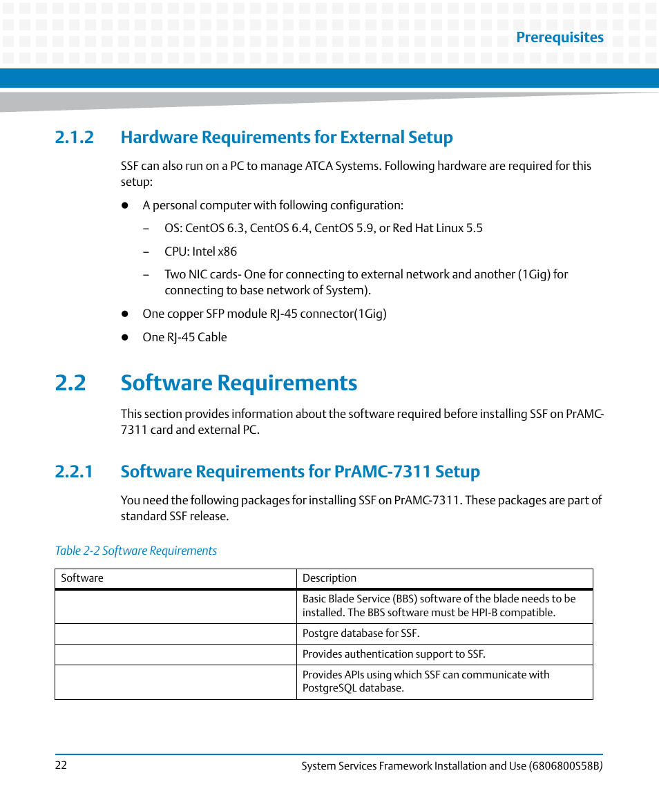 2 hardware requirements for external setup, 2 software requirements, 1 software requirements for pramc-7311 setup | Table 2-2, Software requirements | Artesyn System Services Framework Installation and Use (February 2014) User Manual | Page 22 / 88