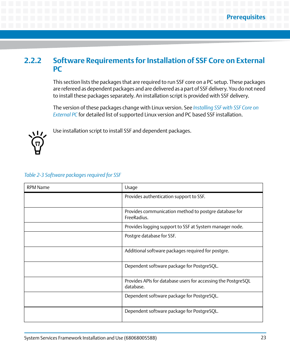 Table 2-3, Software packages required for ssf, Prerequisites | Artesyn System Services Framework Installation and Use (February 2014) User Manual | Page 23 / 88