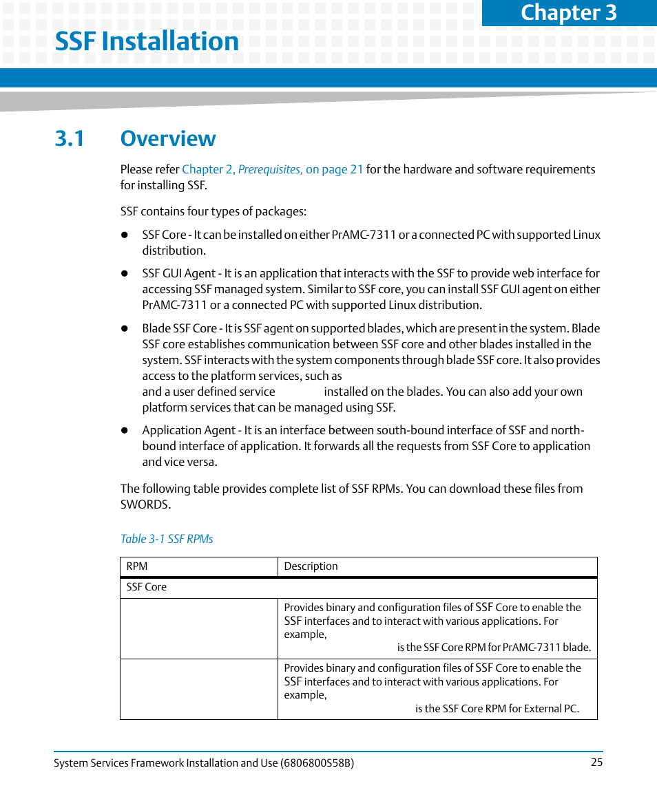 Ssf installation, 1 overview, Table 3-1 | Ssf rpms, Chapter 3, ssf installation, Chapter 3 | Artesyn System Services Framework Installation and Use (February 2014) User Manual | Page 25 / 88