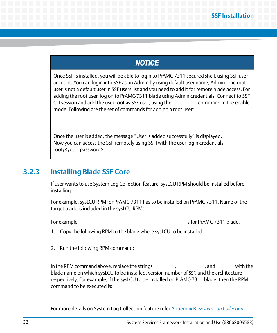 3 installing blade ssf core, Installing blade ssf core, Ssf installation | Artesyn System Services Framework Installation and Use (February 2014) User Manual | Page 32 / 88