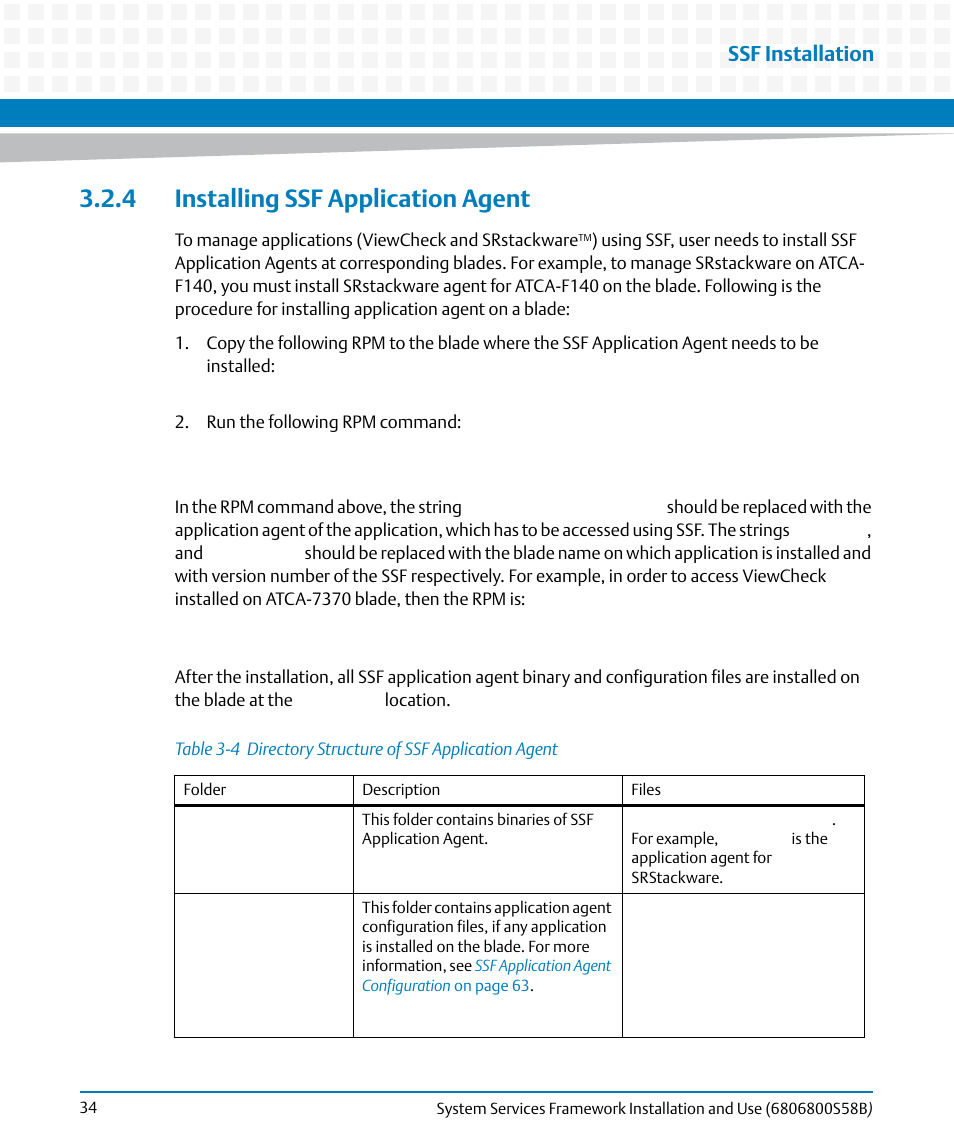 4 installing ssf application agent, Table 3-4, Directory structure of ssf application agent | Installing ssf application agent, Ssf installation | Artesyn System Services Framework Installation and Use (February 2014) User Manual | Page 34 / 88