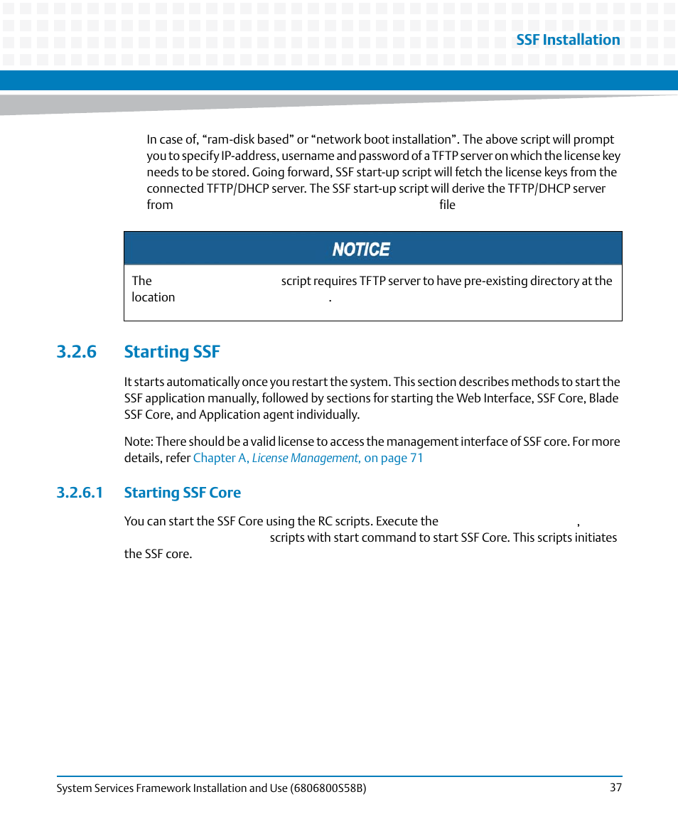 6 starting ssf, 1 starting ssf core | Artesyn System Services Framework Installation and Use (February 2014) User Manual | Page 37 / 88