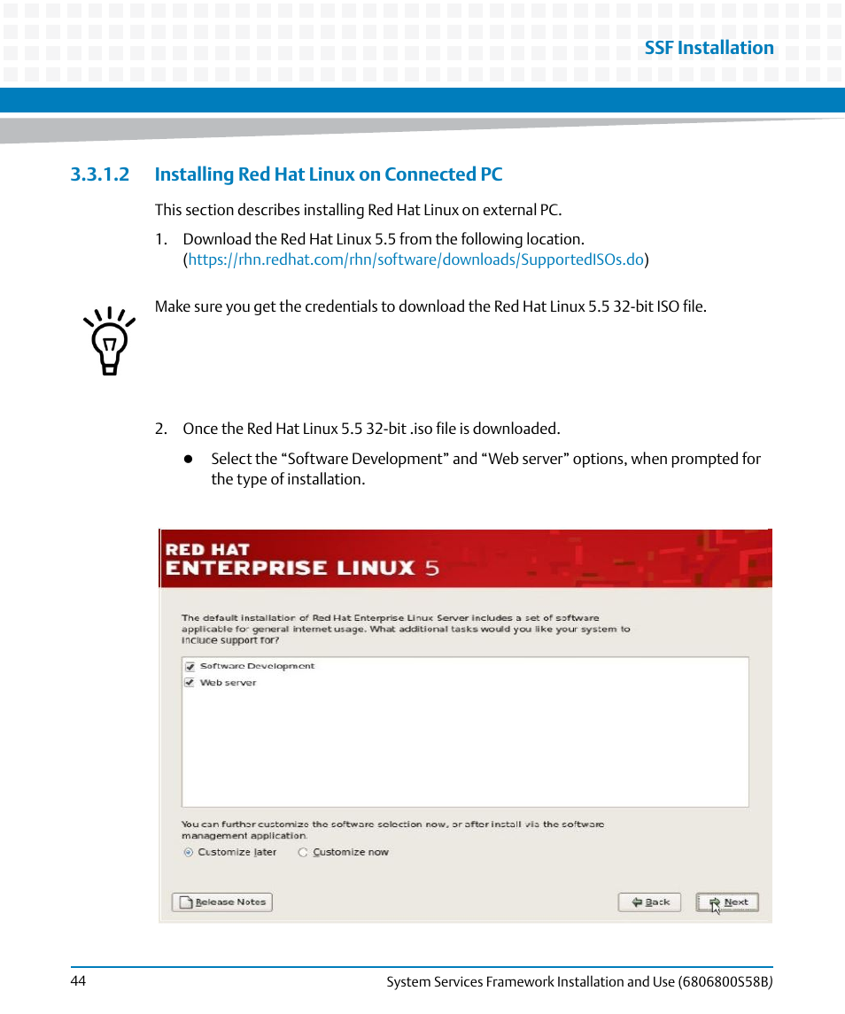 2 installing red hat linux on connected pc, Ssf installation | Artesyn System Services Framework Installation and Use (February 2014) User Manual | Page 44 / 88