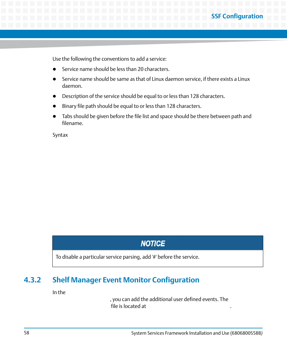 2 shelf manager event monitor configuration, Ssf configuration | Artesyn System Services Framework Installation and Use (February 2014) User Manual | Page 58 / 88