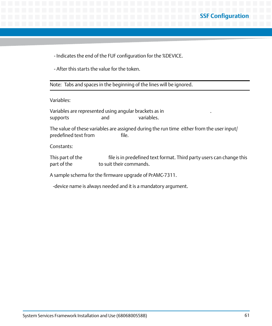 Ssf configuration | Artesyn System Services Framework Installation and Use (February 2014) User Manual | Page 61 / 88