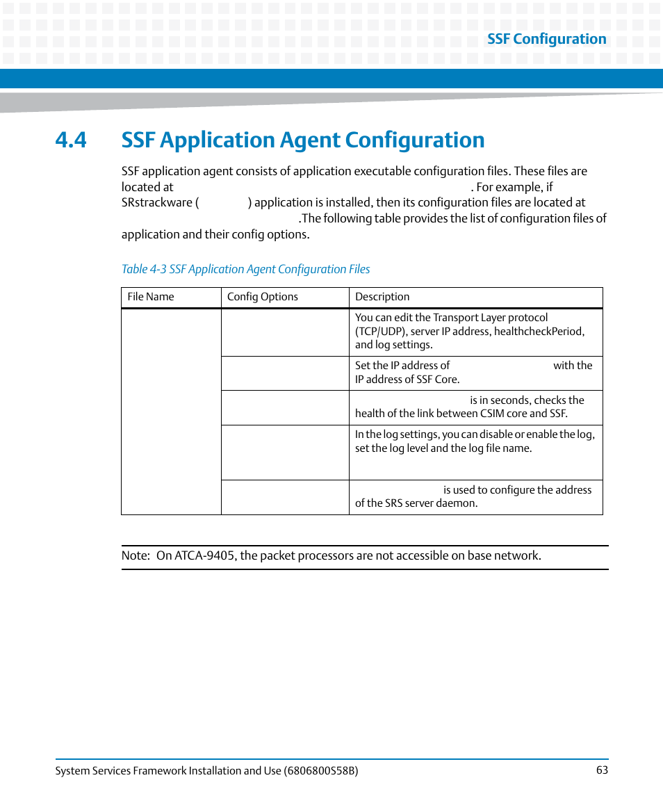 4 ssf application agent configuration, Table 4-3, Ssf application agent configuration files | Ssf application agent, Configuration, Ssf configuration | Artesyn System Services Framework Installation and Use (February 2014) User Manual | Page 63 / 88