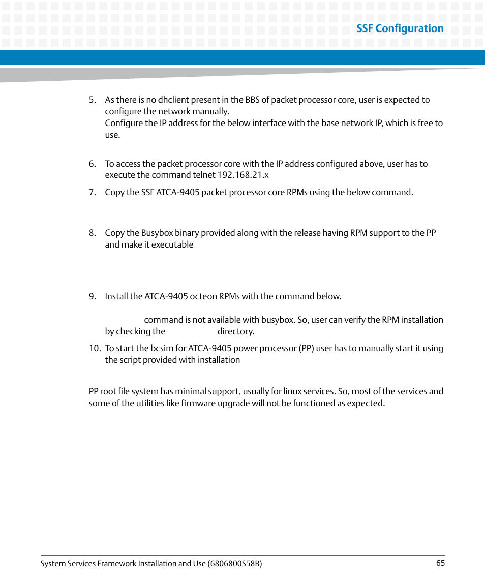 Ssf configuration | Artesyn System Services Framework Installation and Use (February 2014) User Manual | Page 65 / 88