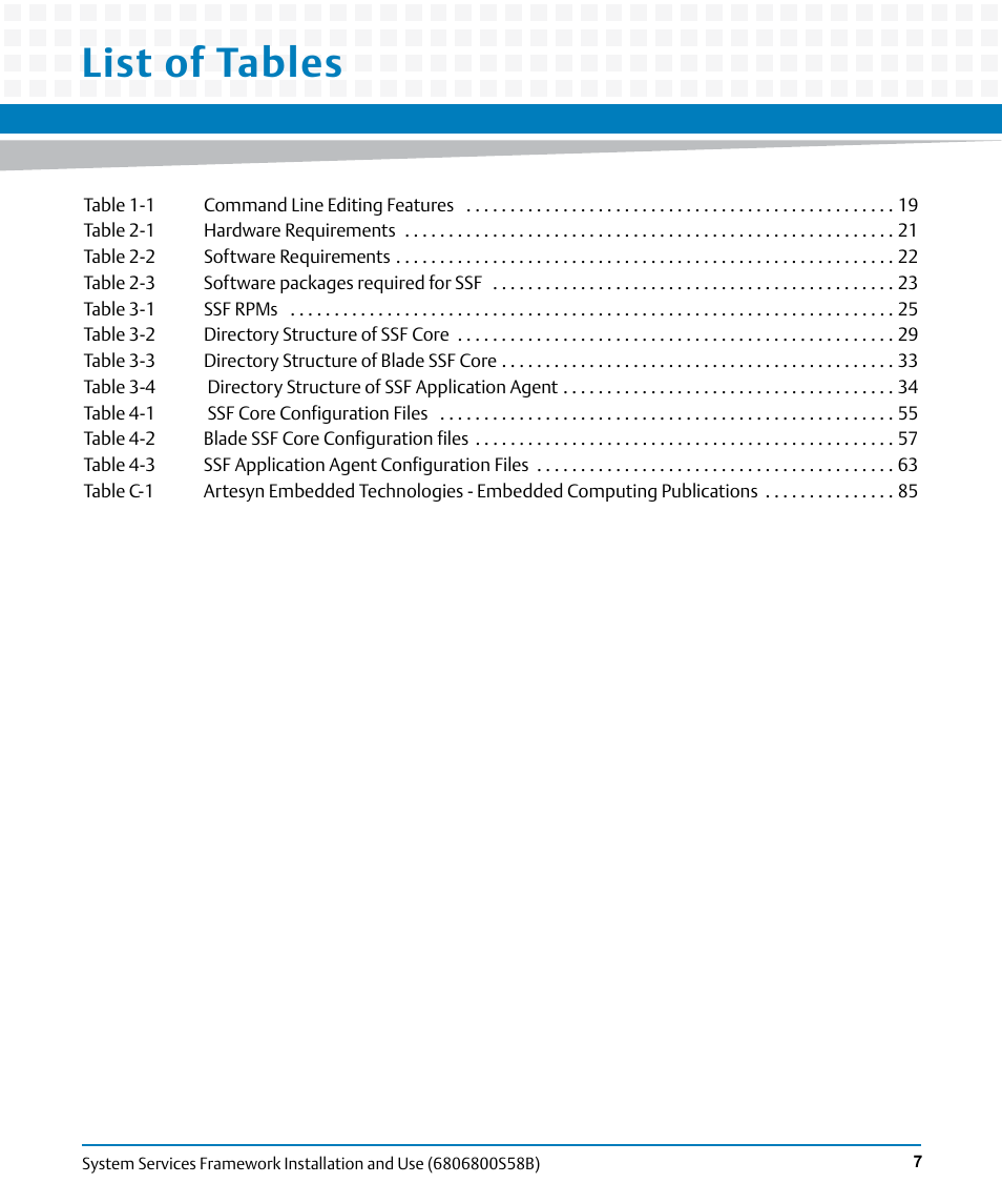 List of tables | Artesyn System Services Framework Installation and Use (February 2014) User Manual | Page 7 / 88