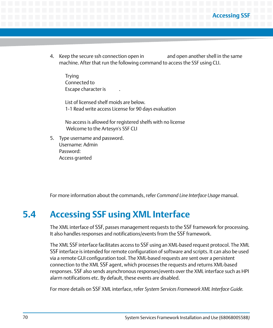 4 accessing ssf using xml interface | Artesyn System Services Framework Installation and Use (February 2014) User Manual | Page 70 / 88