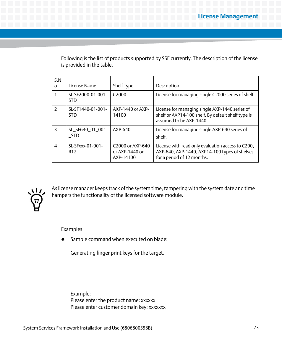 License management | Artesyn System Services Framework Installation and Use (February 2014) User Manual | Page 73 / 88