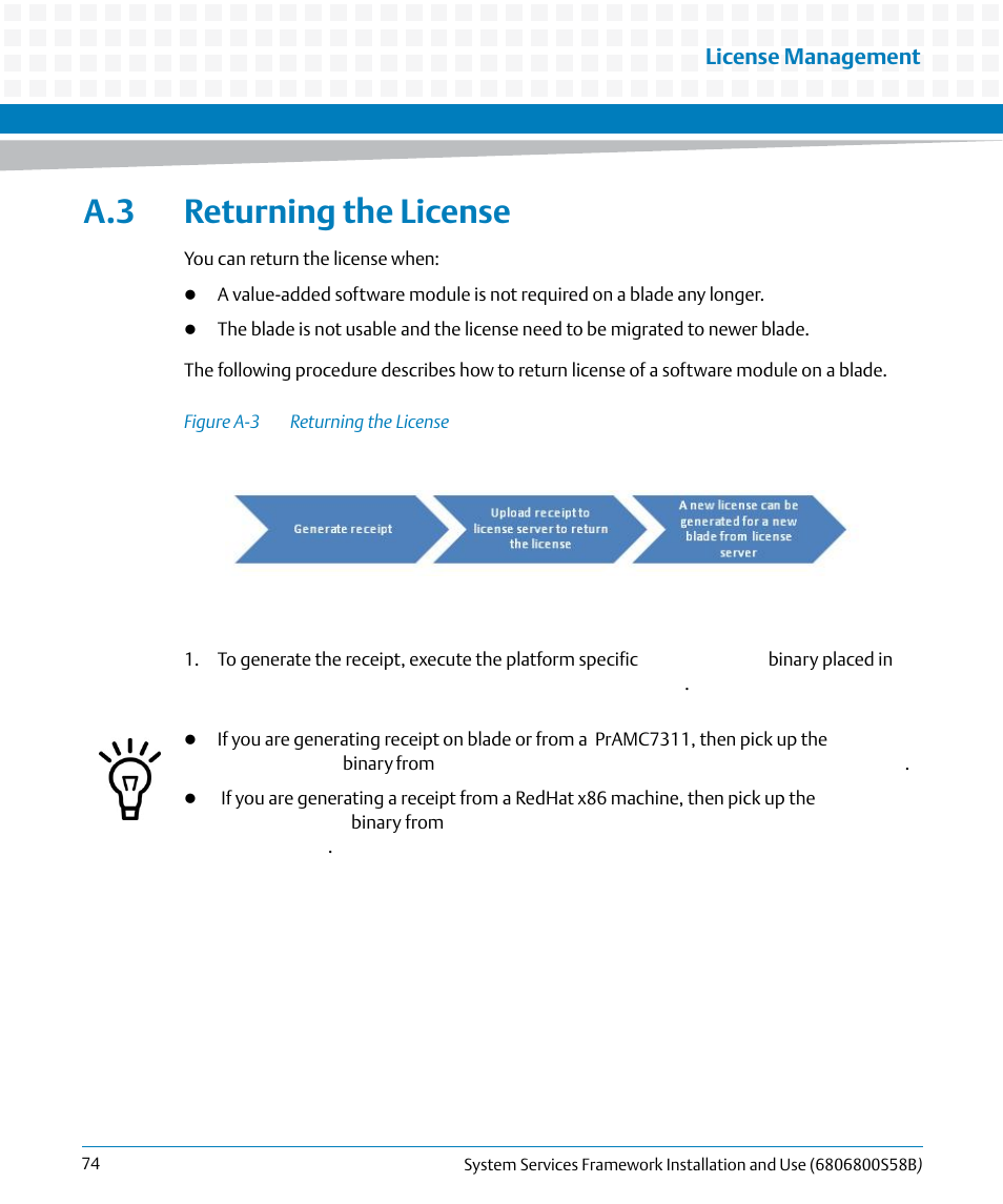 A.3 returning the license, Figure a-3, Returning the license | Artesyn System Services Framework Installation and Use (February 2014) User Manual | Page 74 / 88