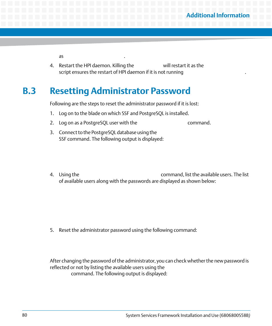 B.3 resetting administrator password | Artesyn System Services Framework Installation and Use (February 2014) User Manual | Page 80 / 88