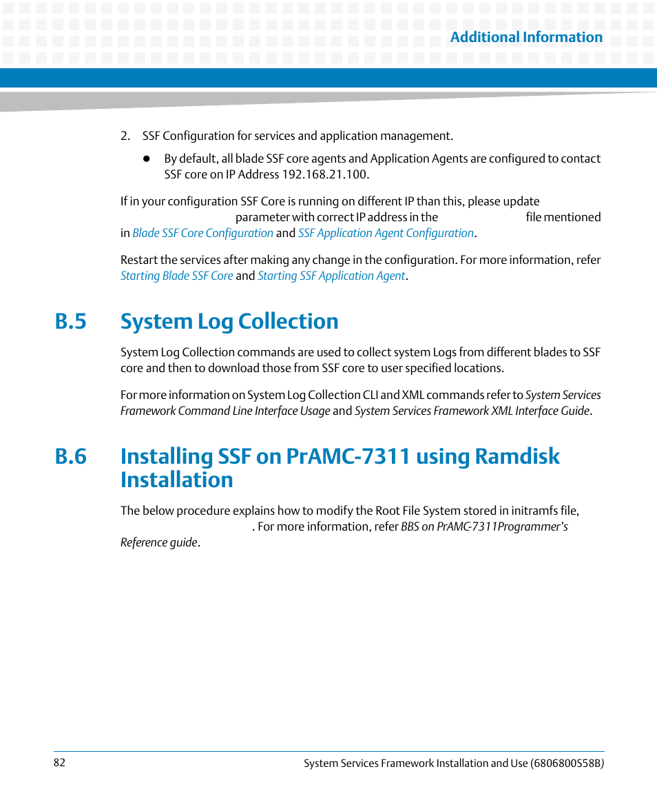 B.5 system log collection | Artesyn System Services Framework Installation and Use (February 2014) User Manual | Page 82 / 88