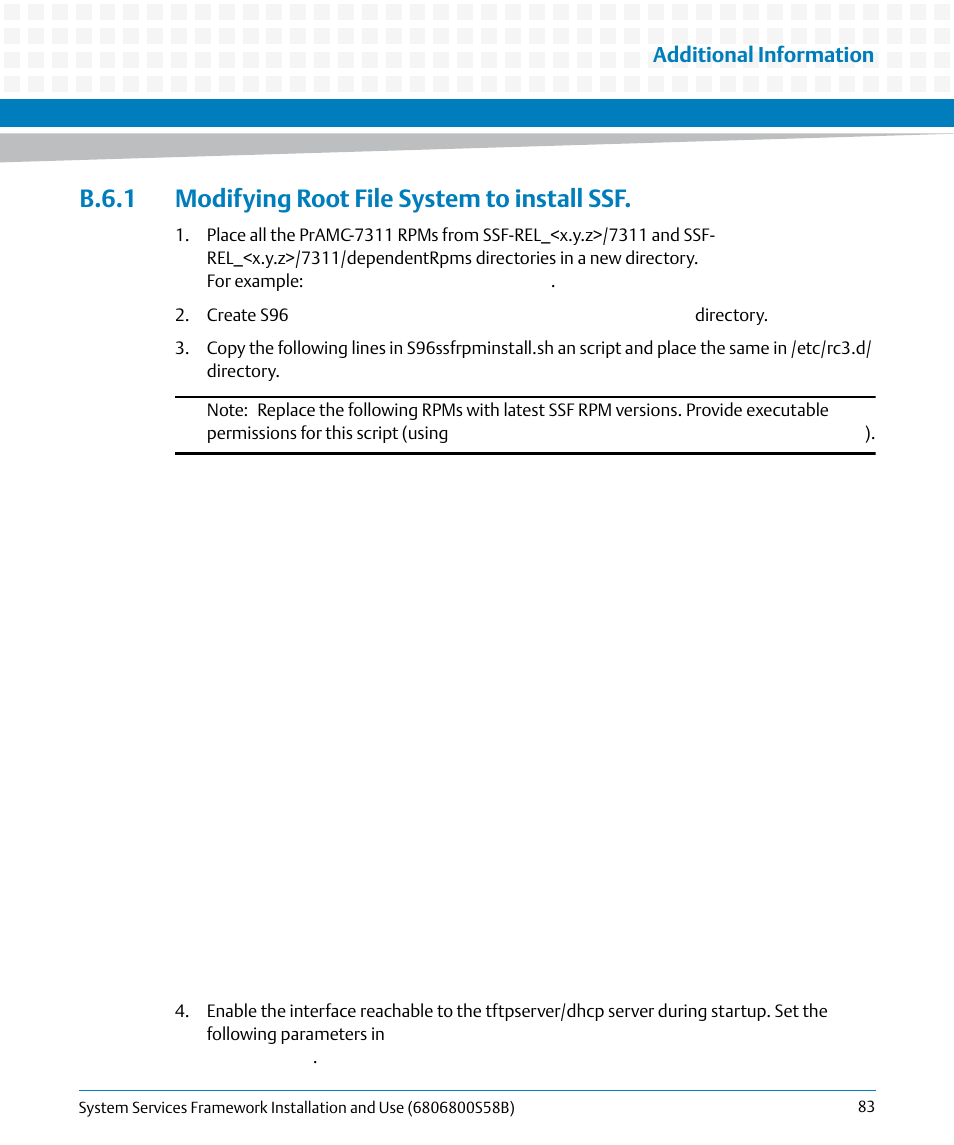 B.6.1 modifying root file system to install ssf, Additional information | Artesyn System Services Framework Installation and Use (February 2014) User Manual | Page 83 / 88