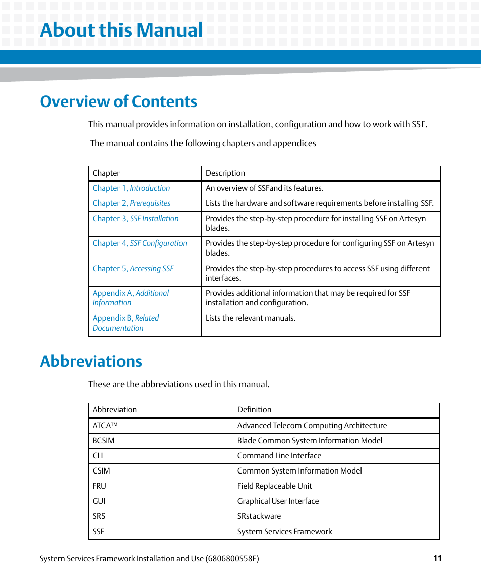 About this manual, Overview of contents, Abbreviations | Artesyn System Services Framework Installation and Use (November 2014) User Manual | Page 11 / 82