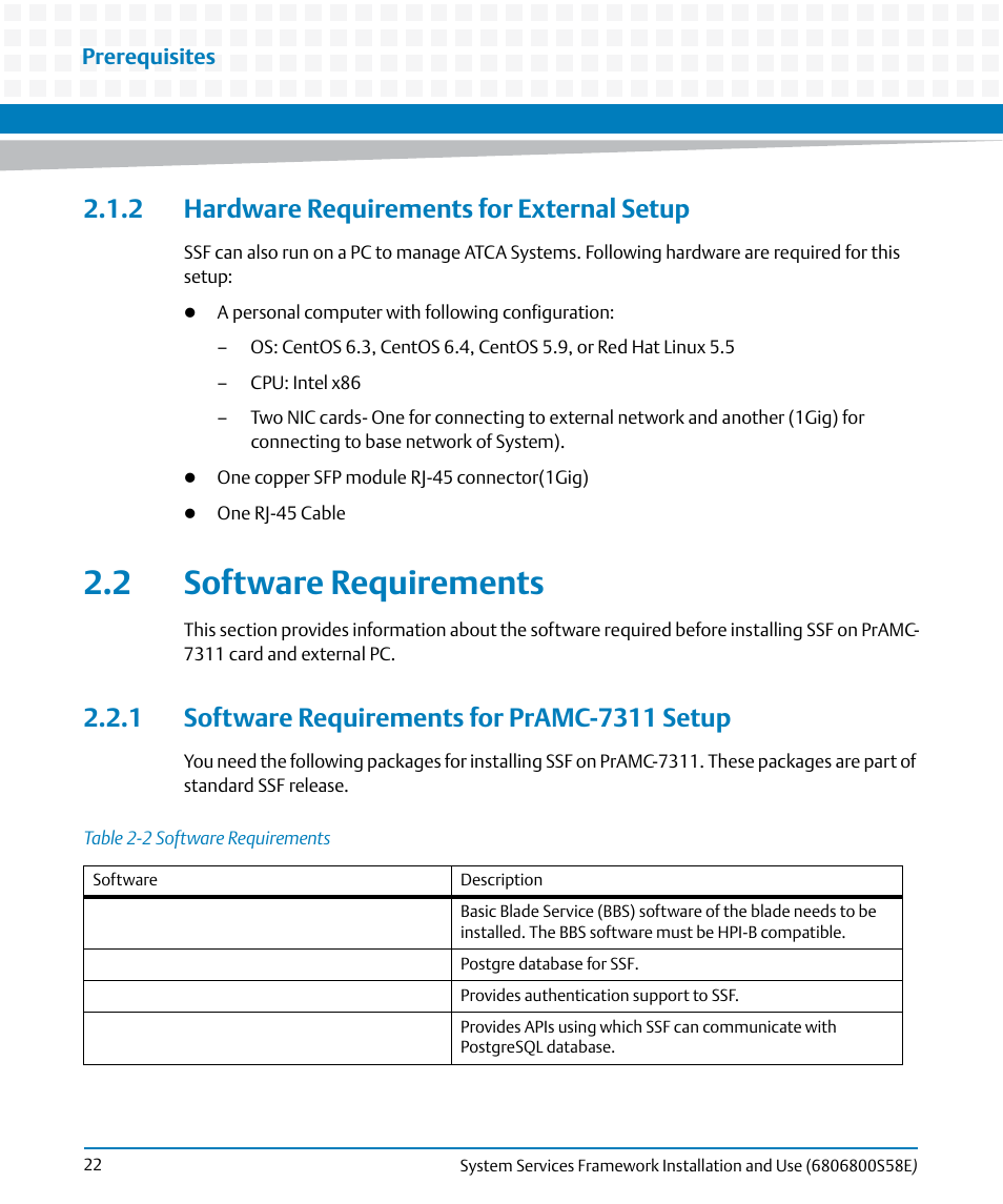 2 hardware requirements for external setup, 2 software requirements, 1 software requirements for pramc-7311 setup | Table 2-2, Software requirements | Artesyn System Services Framework Installation and Use (November 2014) User Manual | Page 22 / 82