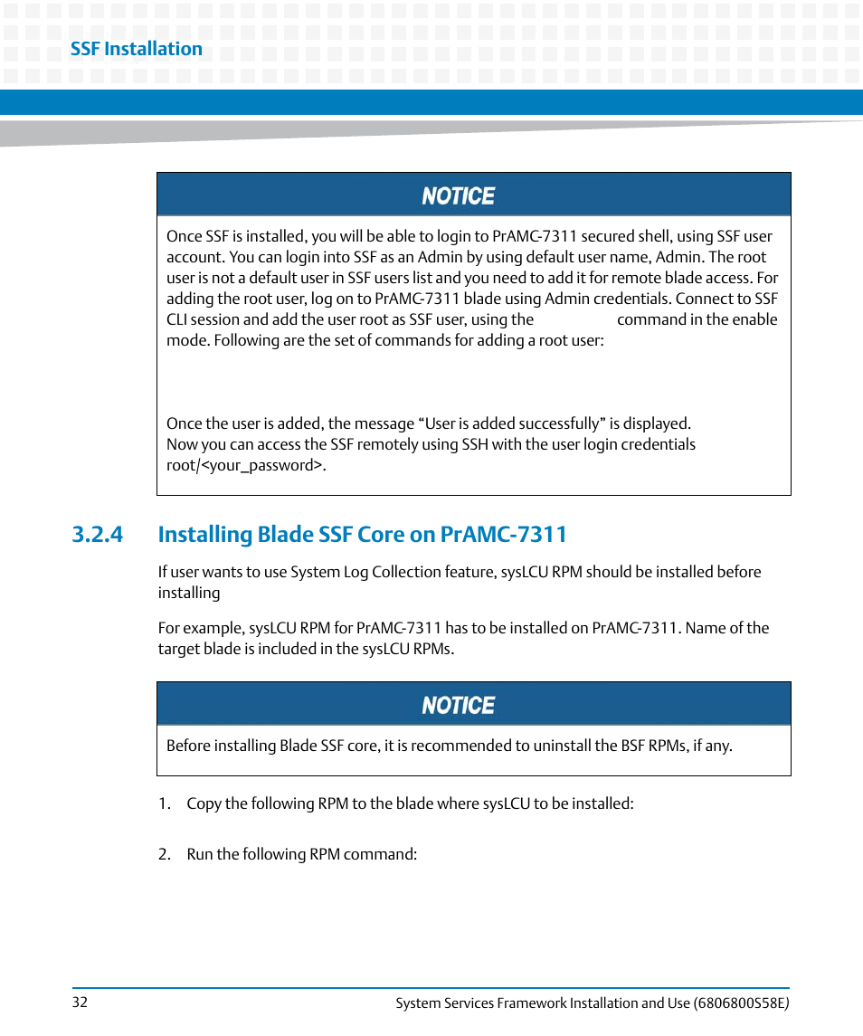 4 installing blade ssf core on pramc-7311 | Artesyn System Services Framework Installation and Use (November 2014) User Manual | Page 32 / 82