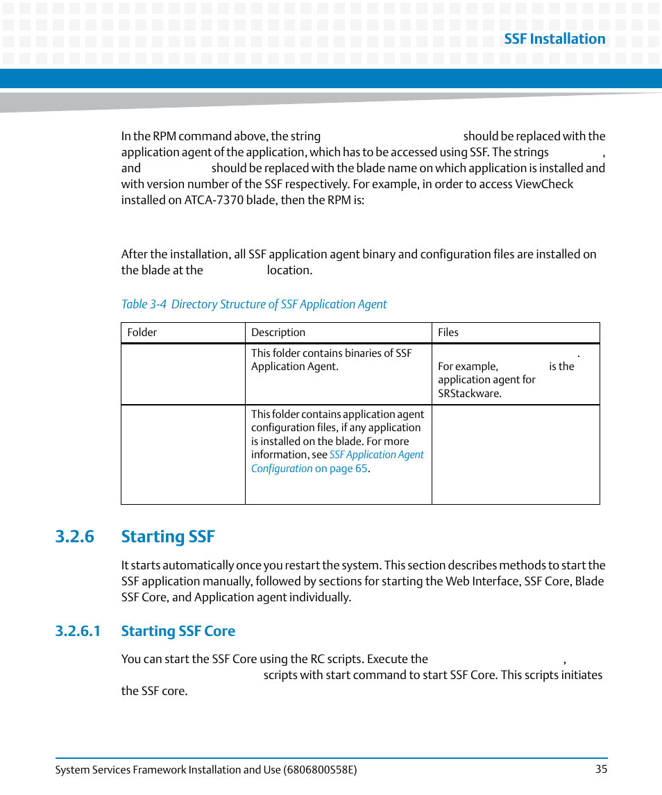 6 starting ssf, 1 starting ssf core, Table 3-4 | Directory structure of ssf application agent, Ssf installation | Artesyn System Services Framework Installation and Use (November 2014) User Manual | Page 35 / 82