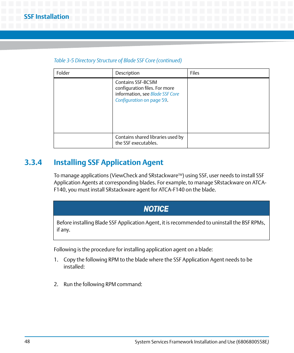 4 installing ssf application agent, Ssf installation | Artesyn System Services Framework Installation and Use (November 2014) User Manual | Page 48 / 82