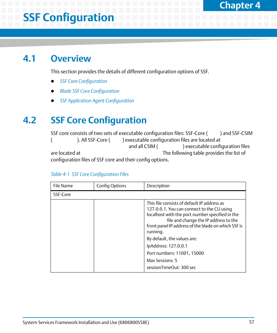 Ssf configuration, 1 overview, 2 ssf core configuration | 1 overview 4.2 ssf core configuration, Table 4-1, Ssf core configuration files, Chapter 4, ssf configuration, Ssf core configuration, Chapter 4 | Artesyn System Services Framework Installation and Use (November 2014) User Manual | Page 57 / 82