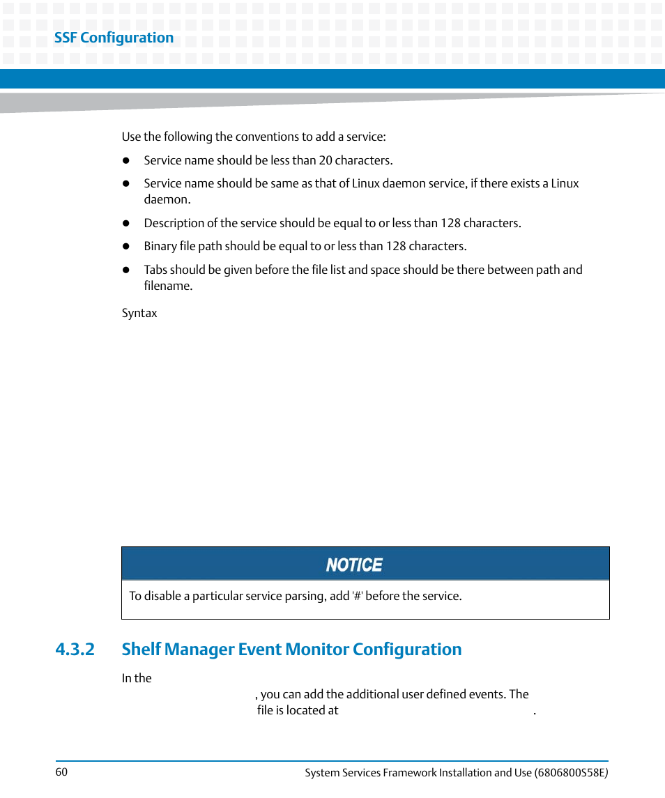 2 shelf manager event monitor configuration, Ssf configuration | Artesyn System Services Framework Installation and Use (November 2014) User Manual | Page 60 / 82