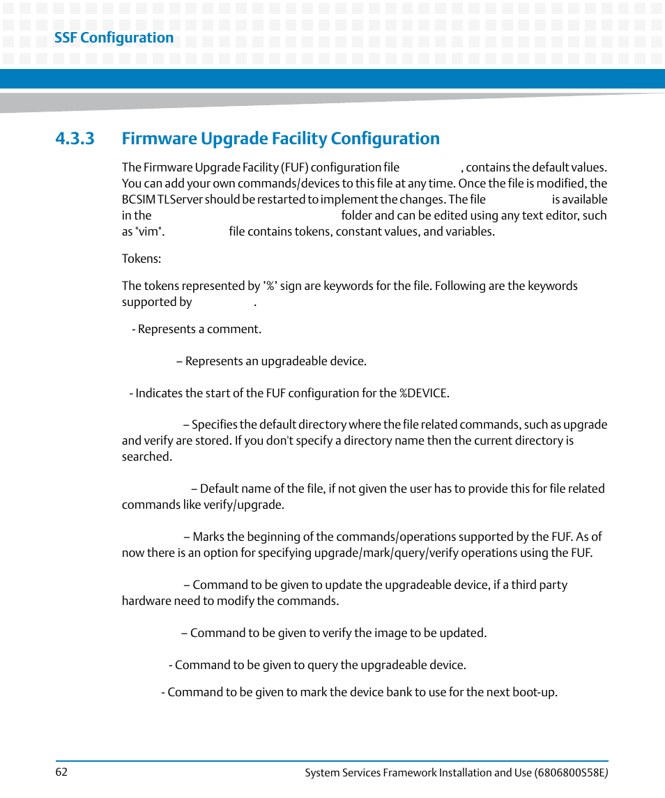 3 firmware upgrade facility configuration, Ssf configuration | Artesyn System Services Framework Installation and Use (November 2014) User Manual | Page 62 / 82