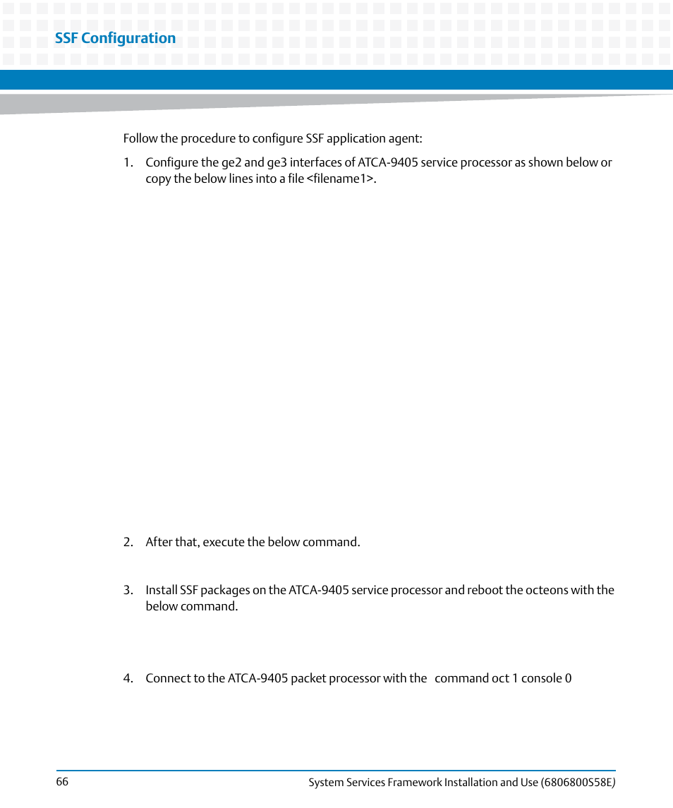 Ssf configuration | Artesyn System Services Framework Installation and Use (November 2014) User Manual | Page 66 / 82