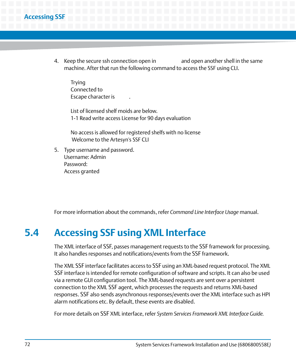 4 accessing ssf using xml interface | Artesyn System Services Framework Installation and Use (November 2014) User Manual | Page 72 / 82