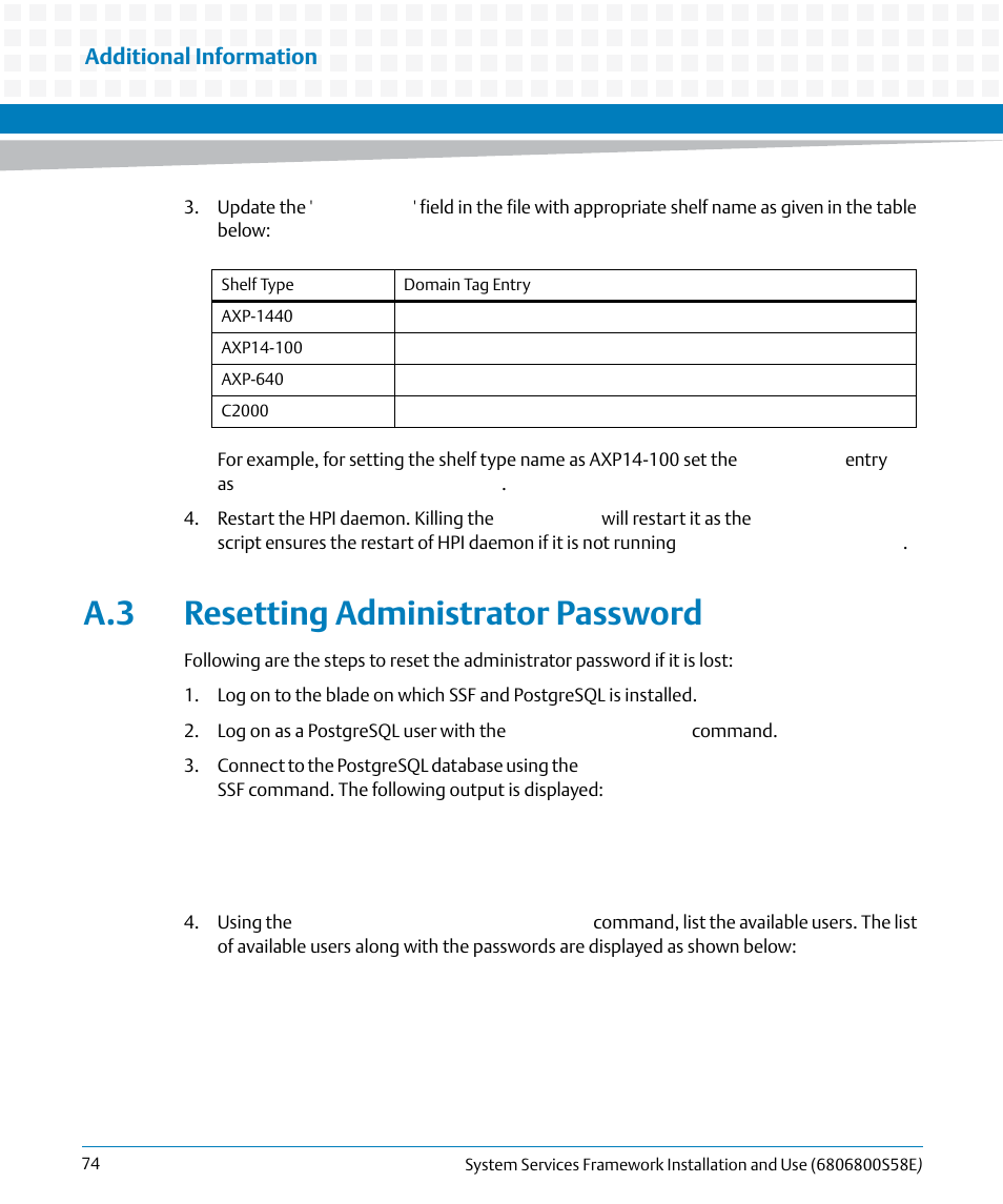 A.3 resetting administrator password, Additional information | Artesyn System Services Framework Installation and Use (November 2014) User Manual | Page 74 / 82