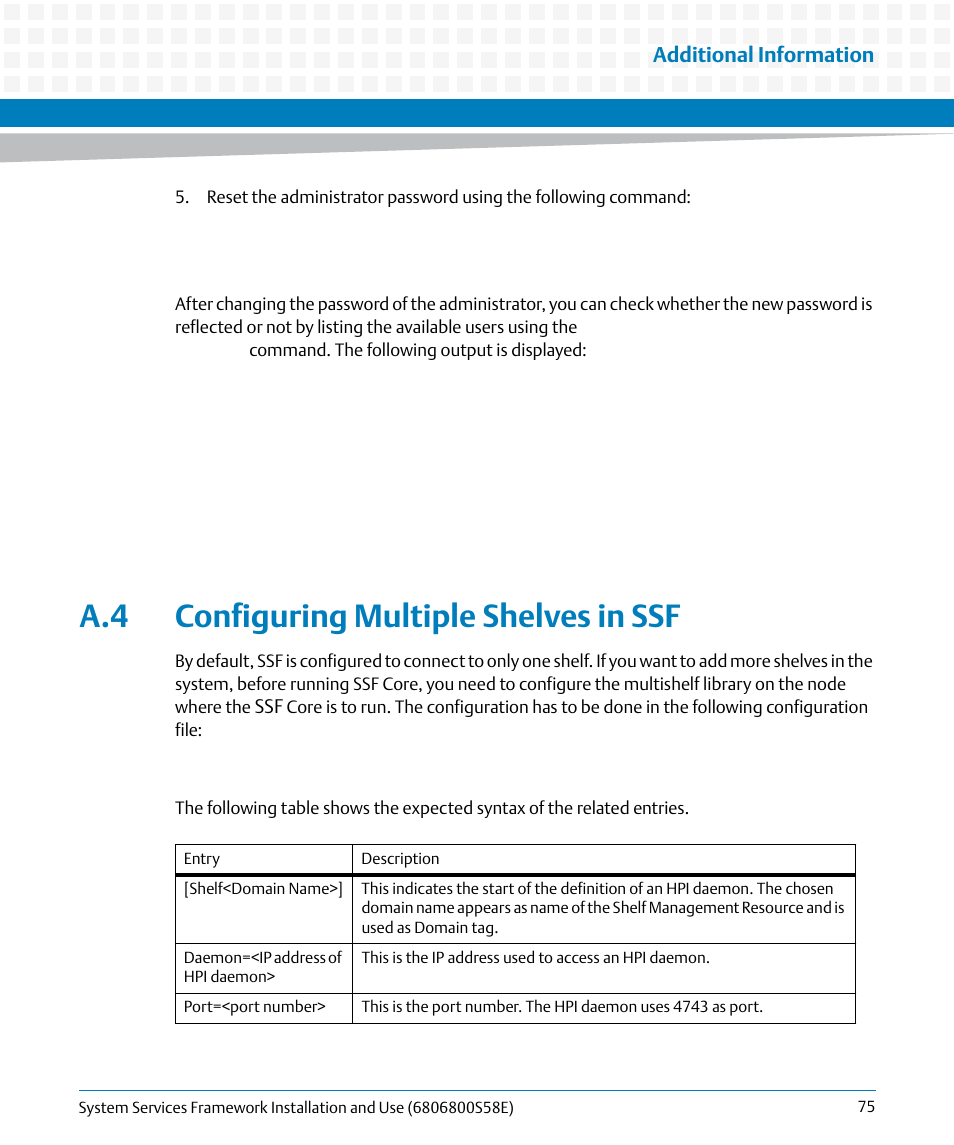 A.4 configuring multiple shelves in ssf, Additional information | Artesyn System Services Framework Installation and Use (November 2014) User Manual | Page 75 / 82