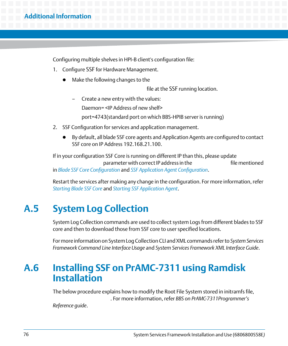 A.5 system log collection | Artesyn System Services Framework Installation and Use (November 2014) User Manual | Page 76 / 82