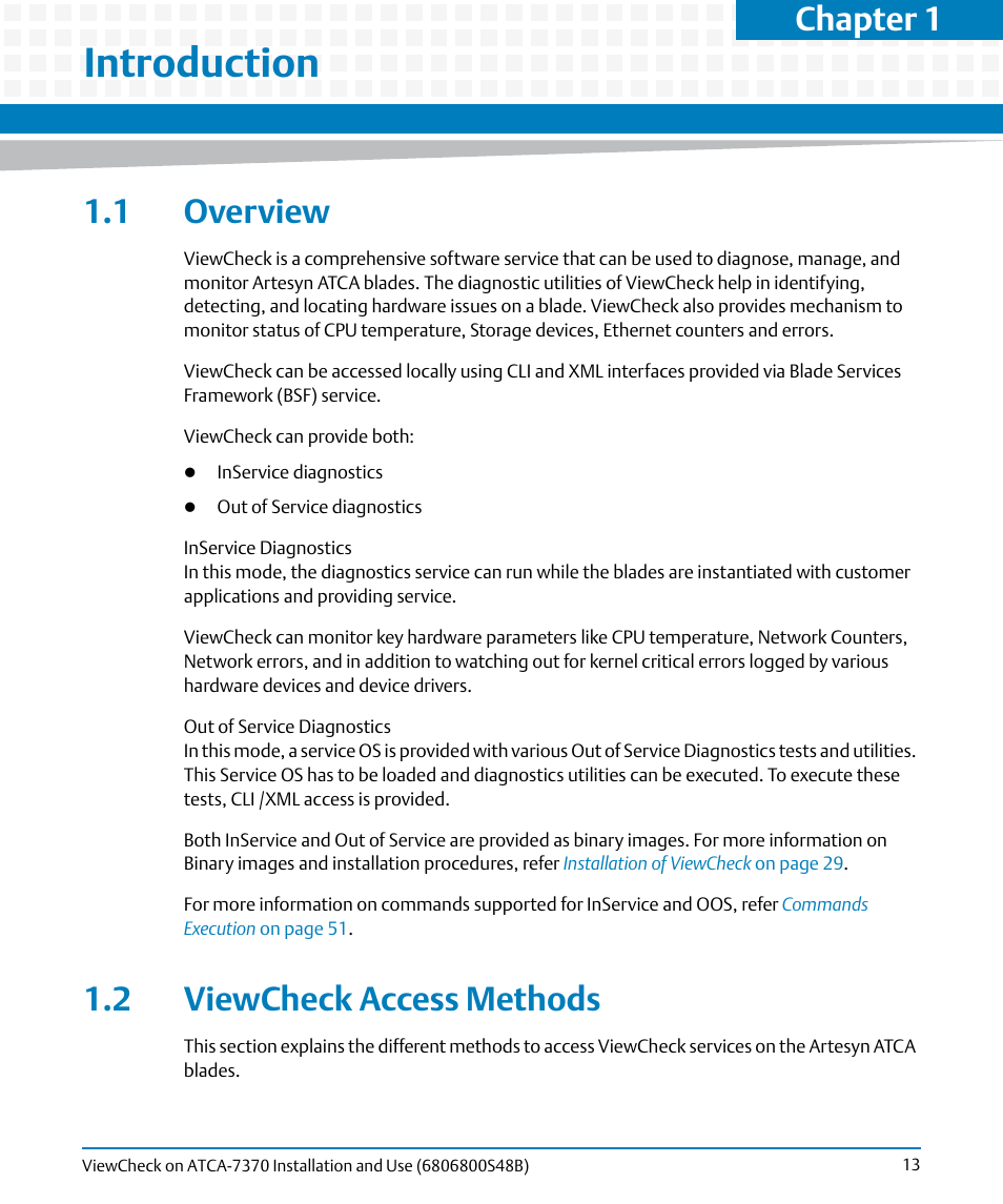 Introduction, 1 overview, 2 viewcheck access methods | 1 overview 1.2 viewcheck access methods, Chapter 1 | Artesyn ViewCheck on ATCA-7370 Installation and Use (April 2014) User Manual | Page 13 / 86
